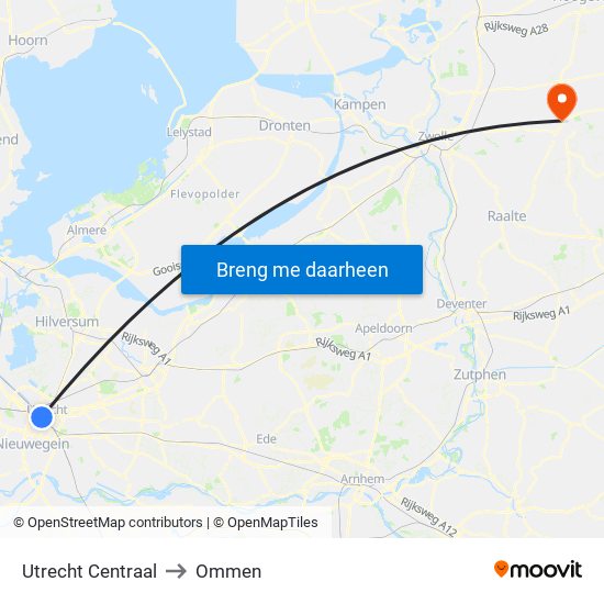 Utrecht Centraal to Ommen map