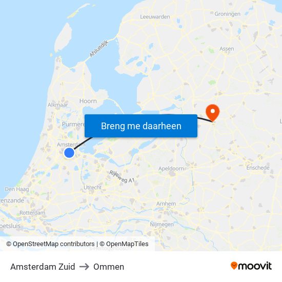Amsterdam Zuid to Ommen map