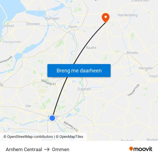 Arnhem Centraal to Ommen map