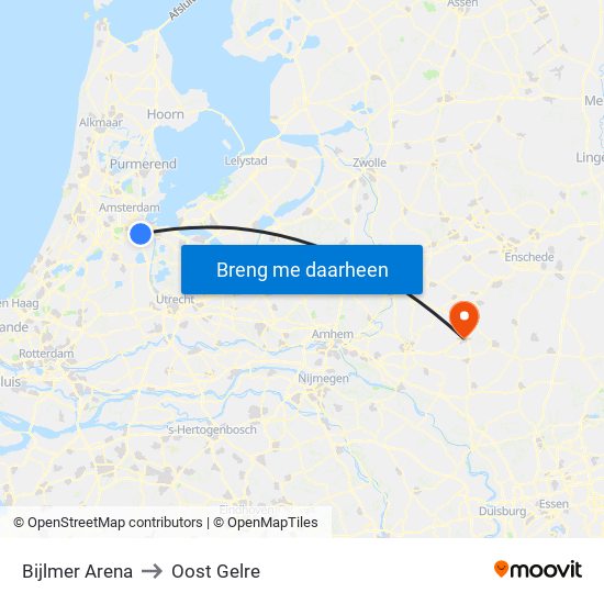 Bijlmer Arena to Oost Gelre map