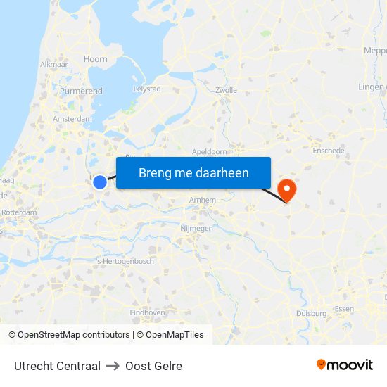 Utrecht Centraal to Oost Gelre map