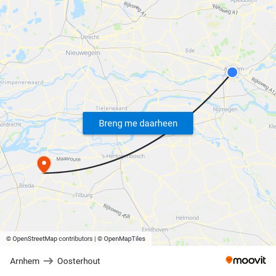 Arnhem to Oosterhout map