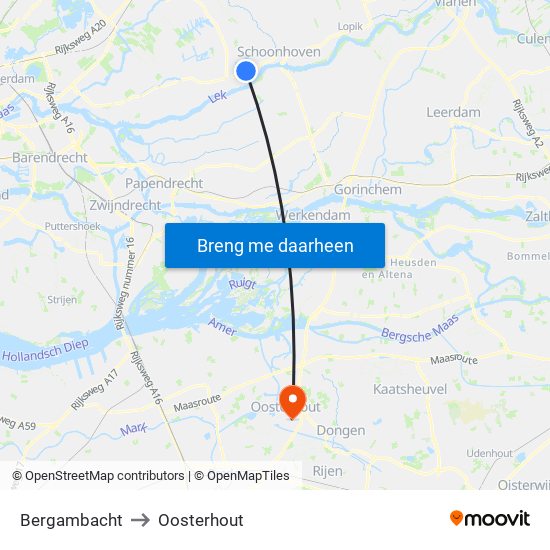 Bergambacht to Oosterhout map