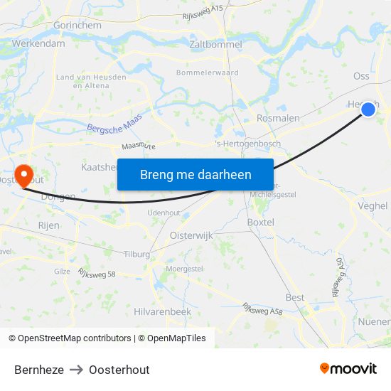 Bernheze to Oosterhout map