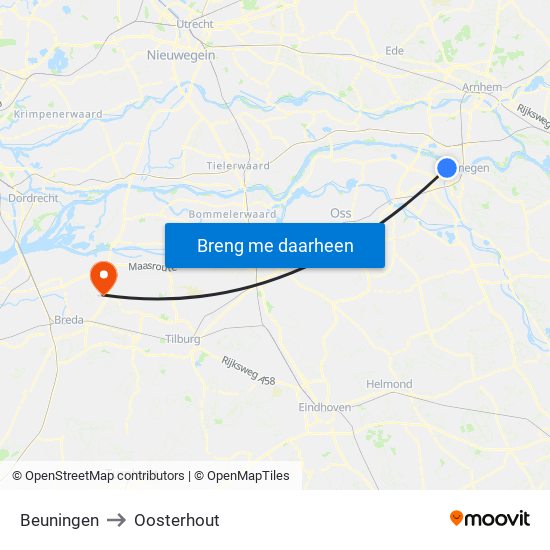 Beuningen to Oosterhout map