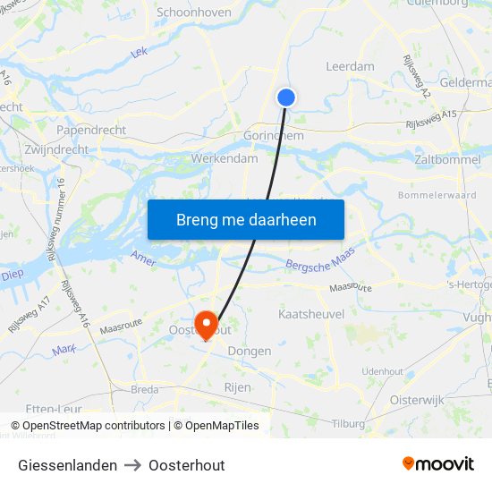 Giessenlanden to Oosterhout map