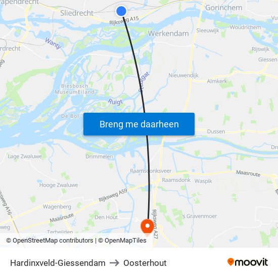 Hardinxveld-Giessendam to Oosterhout map
