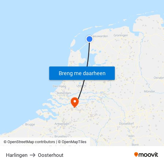 Harlingen to Oosterhout map