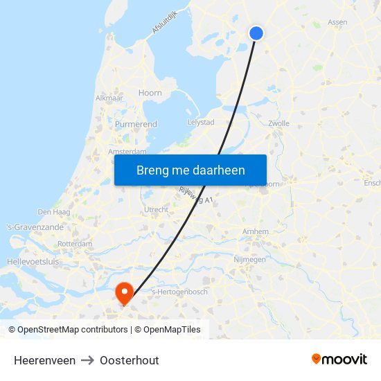 Heerenveen to Oosterhout map