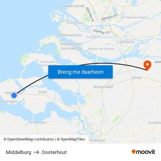 Middelburg to Oosterhout map
