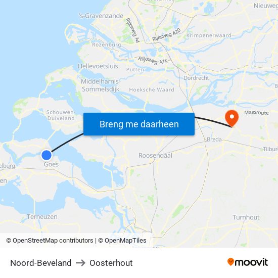 Noord-Beveland to Oosterhout map