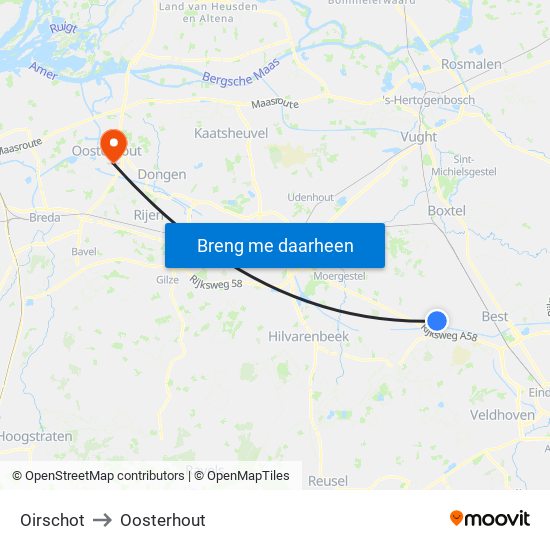 Oirschot to Oosterhout map