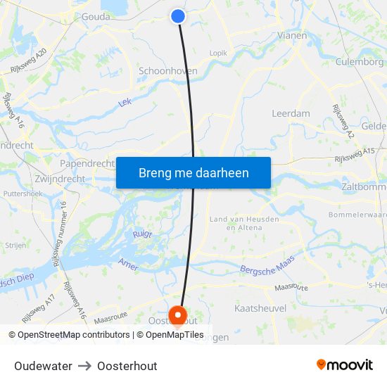 Oudewater to Oosterhout map