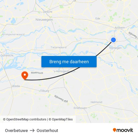 Overbetuwe to Oosterhout map