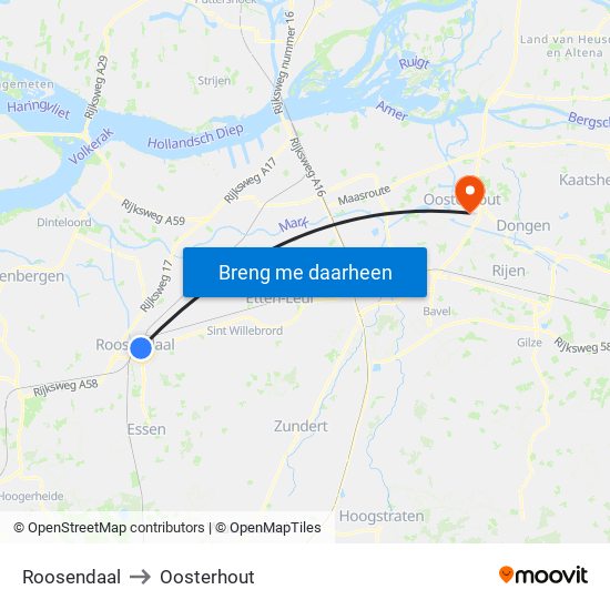 Roosendaal to Oosterhout map