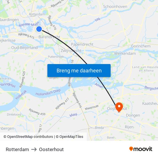 Rotterdam to Oosterhout map
