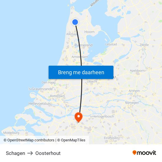 Schagen to Oosterhout map