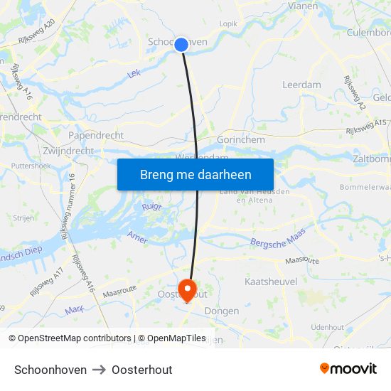 Schoonhoven to Oosterhout map