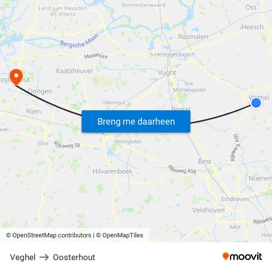 Veghel to Oosterhout map