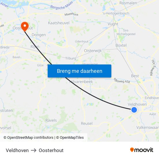 Veldhoven to Oosterhout map