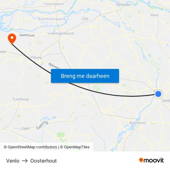 Venlo to Oosterhout map