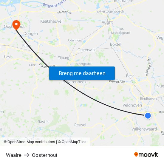 Waalre to Oosterhout map