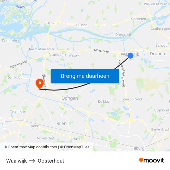 Waalwijk to Oosterhout map