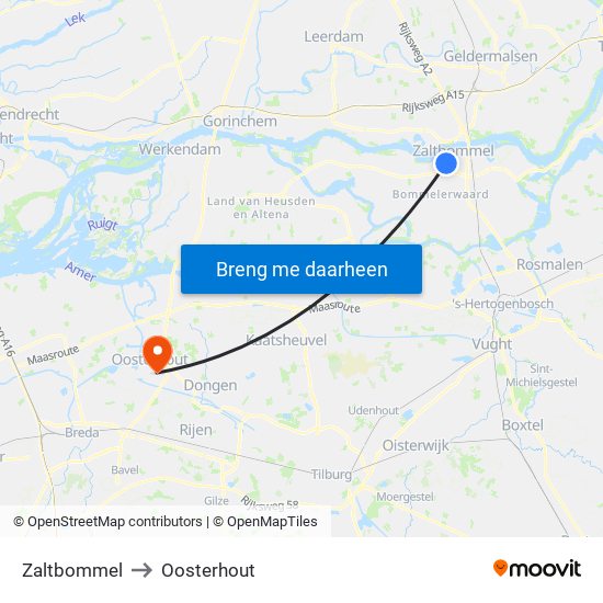 Zaltbommel to Oosterhout map