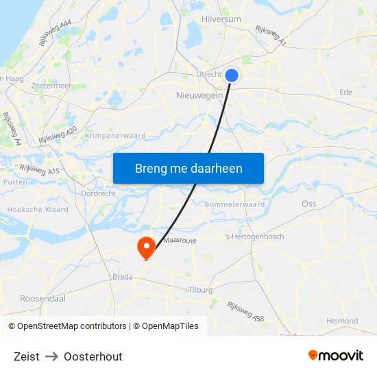 Zeist to Oosterhout map