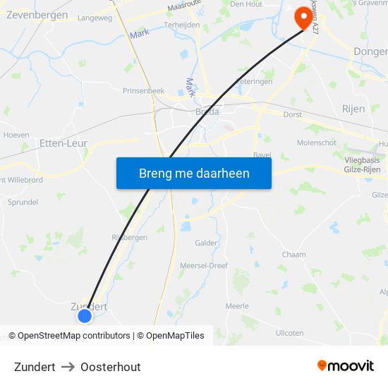 Zundert to Oosterhout map