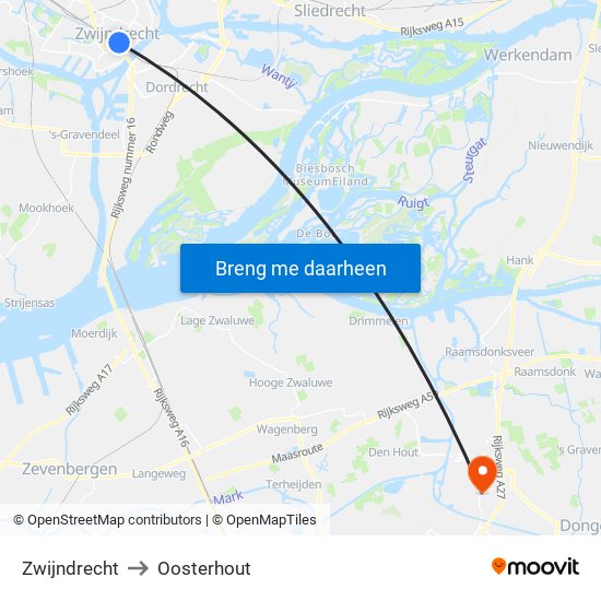 Zwijndrecht to Oosterhout map