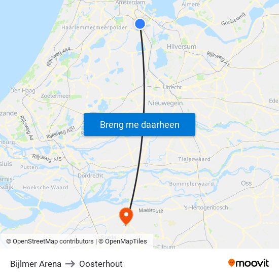 Bijlmer Arena to Oosterhout map
