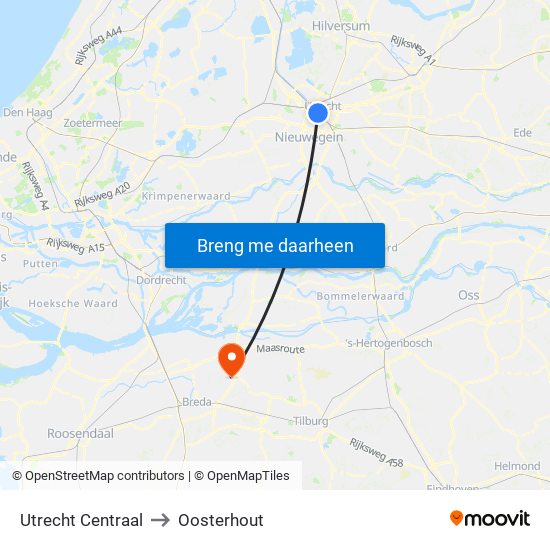 Utrecht Centraal to Oosterhout map