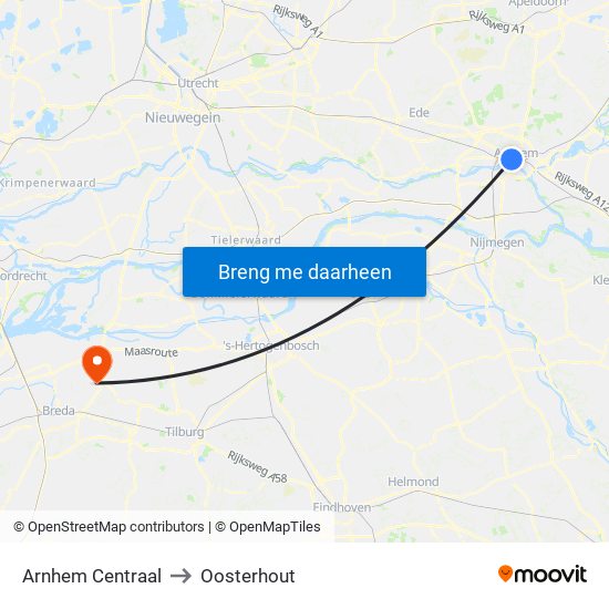 Arnhem Centraal to Oosterhout map