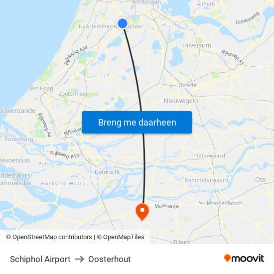 Schiphol Airport to Oosterhout map