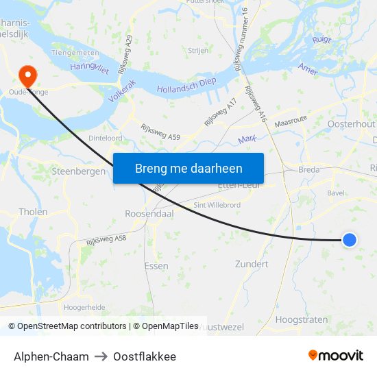 Alphen-Chaam to Oostflakkee map