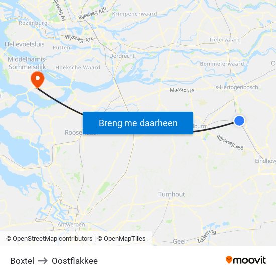 Boxtel to Oostflakkee map
