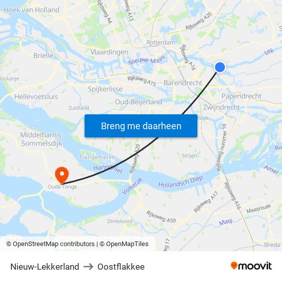 Nieuw-Lekkerland to Oostflakkee map