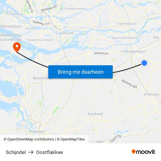 Schijndel to Oostflakkee map