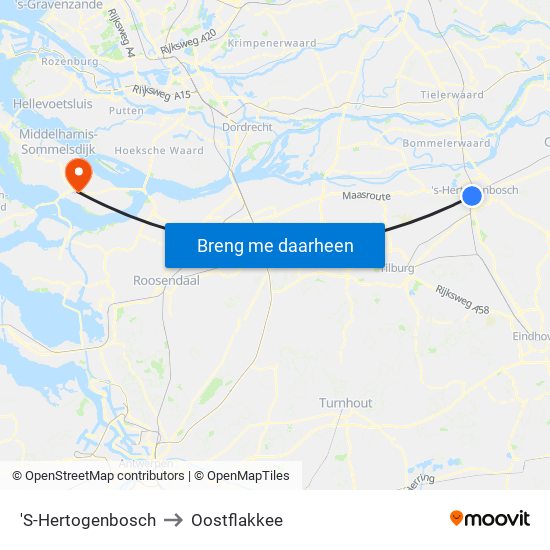 'S-Hertogenbosch to Oostflakkee map