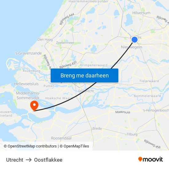 Utrecht to Oostflakkee map