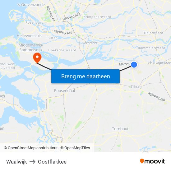 Waalwijk to Oostflakkee map