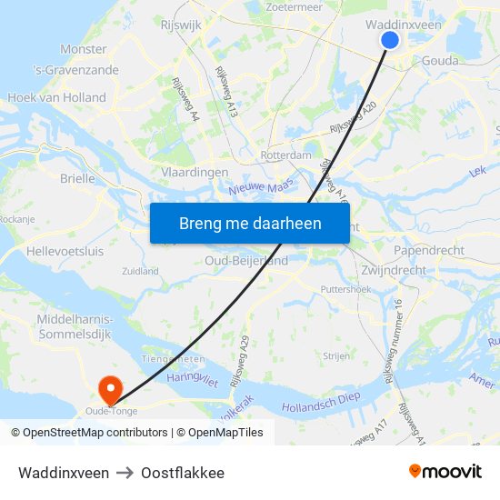 Waddinxveen to Oostflakkee map