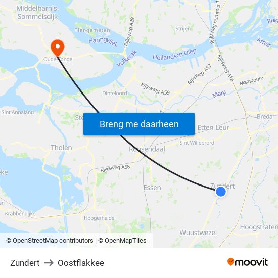 Zundert to Oostflakkee map