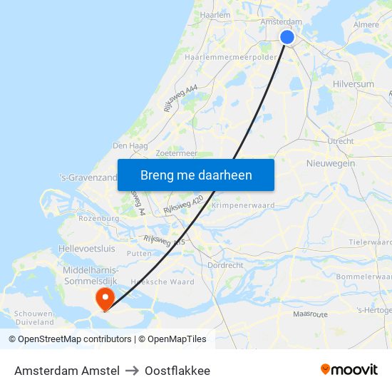Amsterdam Amstel to Oostflakkee map
