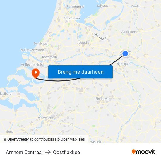 Arnhem Centraal to Oostflakkee map