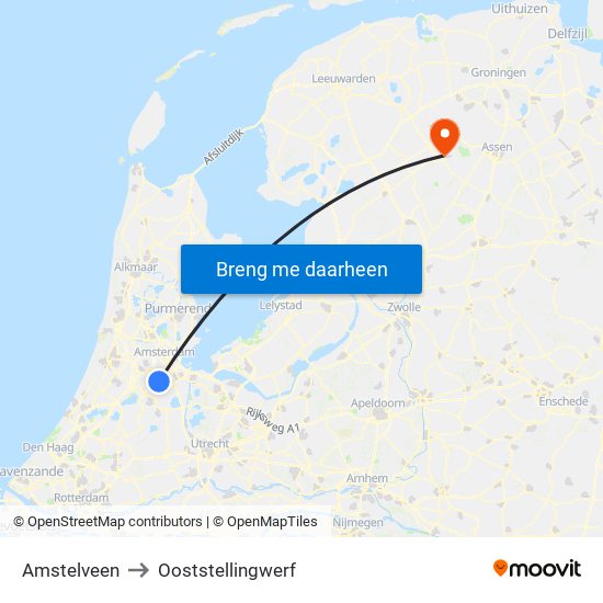 Amstelveen to Ooststellingwerf map