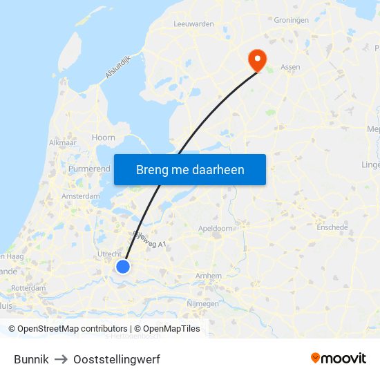 Bunnik to Ooststellingwerf map