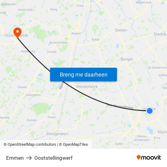 Emmen to Ooststellingwerf map