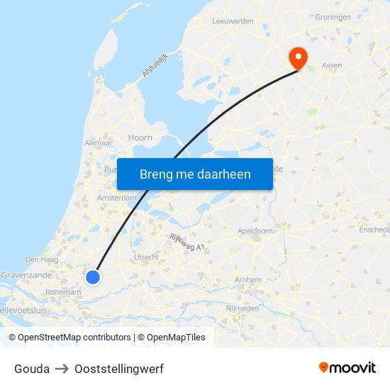 Gouda to Ooststellingwerf map